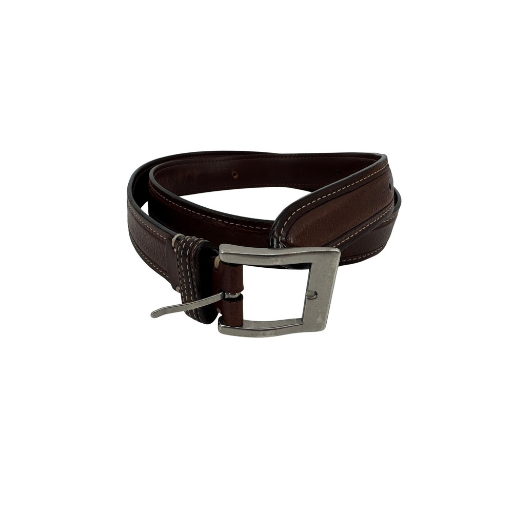 Cole Haan Leather Belt Mens 46 Brown Contrast Stitch Solid Brass Buckle Rugged